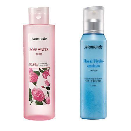 Mamonde Rose Water Toner and Floral Hydro Emulsion displayed separately, with floral elements in the background, emphasizing their hydrating properties.